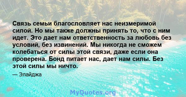 Связь семьи благословляет нас неизмеримой силой. Но мы также должны принять то, что с ним идет. Это дает нам ответственность за любовь без условий, без извинений. Мы никогда не сможем колебаться от силы этой связи, даже 