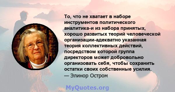 То, что не хватает в наборе инструментов политического аналитика-и из набора принятых, хорошо развитых теорий человеческой организации-адекватно указанная теория коллективных действий, посредством которой группа