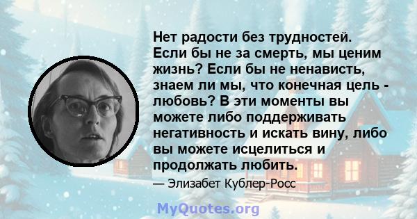 Нет радости без трудностей. Если бы не за смерть, мы ценим жизнь? Если бы не ненависть, знаем ли мы, что конечная цель - любовь? В эти моменты вы можете либо поддерживать негативность и искать вину, либо вы можете