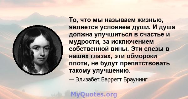 То, что мы называем жизнью, является условием души. И душа должна улучшиться в счастье и мудрости, за исключением собственной вины. Эти слезы в наших глазах, эти обмороки плоти, не будут препятствовать такому улучшению.