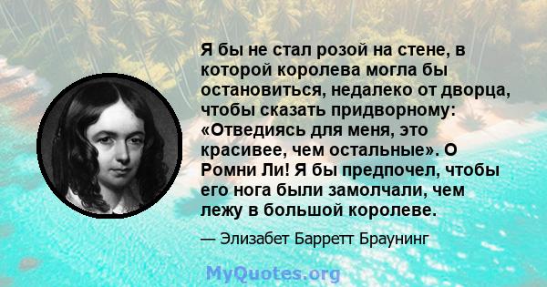 Я бы не стал розой на стене, в которой королева могла бы остановиться, недалеко от дворца, чтобы сказать придворному: «Отведиясь для меня, это красивее, чем остальные». О Ромни Ли! Я бы предпочел, чтобы его нога были