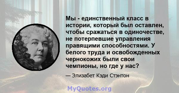 Мы - единственный класс в истории, который был оставлен, чтобы сражаться в одиночестве, не потерпевшие управления правящими способностями. У белого труда и освобожденных чернокожих были свои чемпионы, но где у нас?