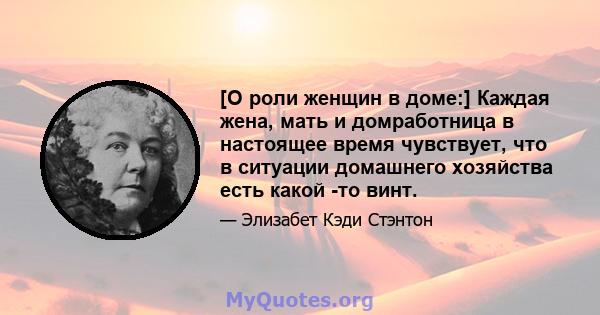 [О роли женщин в доме:] Каждая жена, мать и домработница в настоящее время чувствует, что в ситуации домашнего хозяйства есть какой -то винт.