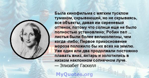 Была кинофильма с мягким тусклом туманом, скрывающей, но не скрываясь, все объекты, давая им сиреневый оттенок, потому что солнце еще не было полностью установлено; Робин пел ... листья были более великолепны, чем когда 