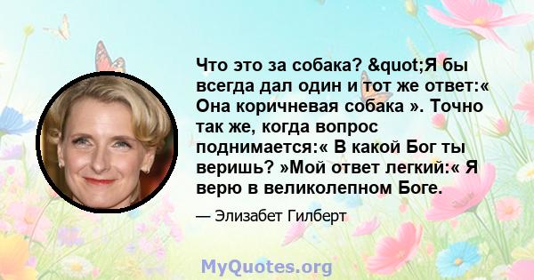 Что это за собака? "Я бы всегда дал один и тот же ответ:« Она коричневая собака ». Точно так же, когда вопрос поднимается:« В какой Бог ты веришь? »Мой ответ легкий:« Я верю в великолепном Боге.