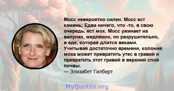 Мосс невероятно силен. Мосс ест камень; Едва ничего, что -то, в свою очередь, ест мох. Мосс ужинает на валунах, медленно, но разрушительно, в еде, которая длится веками. Учитывая достаточно времени, колония моха может