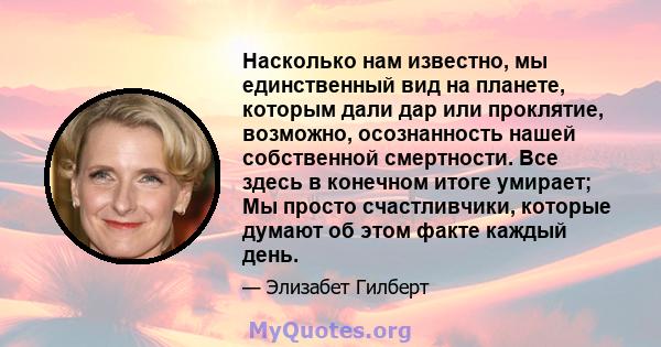 Насколько нам известно, мы единственный вид на планете, которым дали дар или проклятие, возможно, осознанность нашей собственной смертности. Все здесь в конечном итоге умирает; Мы просто счастливчики, которые думают об