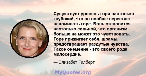 Существует уровень горя настолько глубокий, что он вообще перестает напоминать горе. Боль становится настолько сильной, что организм больше не может это чувствовать. Горе прижигает себя, шрамы, предотвращает раздутые