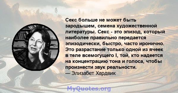 Секс больше не может быть зародышем, семена художественной литературы. Секс - это эпизод, который наиболее правильно передается эпизодически, быстро, часто иронично. Это разрастание только одной из ячеек в теле