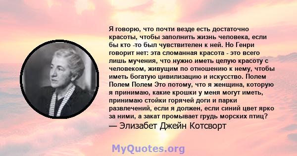 Я говорю, что почти везде есть достаточно красоты, чтобы заполнить жизнь человека, если бы кто -то был чувствителен к ней. Но Генри говорит нет: эта сломанная красота - это всего лишь мучения, что нужно иметь целую