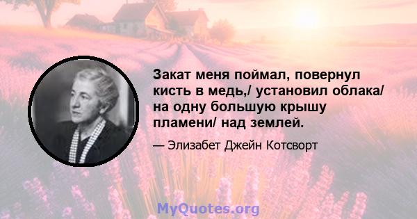 Закат меня поймал, повернул кисть в медь,/ установил облака/ на одну большую крышу пламени/ над землей.