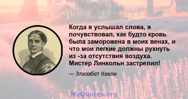 Когда я услышал слова, я почувствовал, как будто кровь была заморожена в моих венах, и что мои легкие должны рухнуть из -за отсутствия воздуха. Мистер Линкольн застрелил!