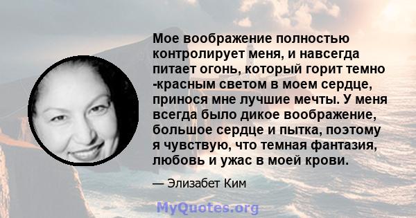 Мое воображение полностью контролирует меня, и навсегда питает огонь, который горит темно -красным светом в моем сердце, принося мне лучшие мечты. У меня всегда было дикое воображение, большое сердце и пытка, поэтому я