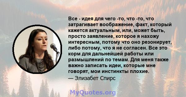 Все - идея для чего -то, что -то, что затрагивает воображение, факт, который кажется актуальным, или, может быть, просто заявление, которое я нахожу интересным, потому что оно резонирует, либо потому, что я не согласен. 