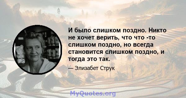 И было слишком поздно. Никто не хочет верить, что что -то слишком поздно, но всегда становится слишком поздно, и тогда это так.