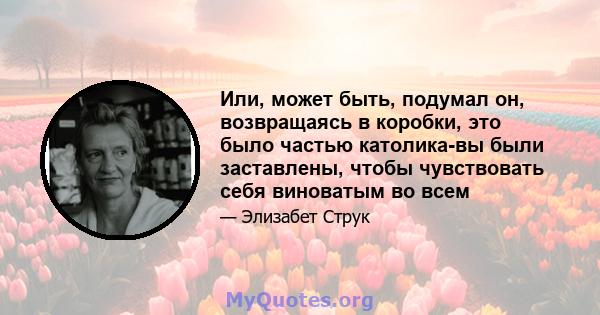 Или, может быть, подумал он, возвращаясь в коробки, это было частью католика-вы были заставлены, чтобы чувствовать себя виноватым во всем