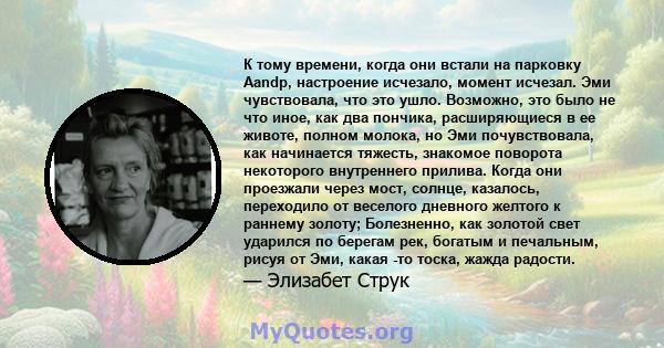 К тому времени, когда они встали на парковку Aandp, настроение исчезало, момент исчезал. Эми чувствовала, что это ушло. Возможно, это было не что иное, как два пончика, расширяющиеся в ее животе, полном молока, но Эми