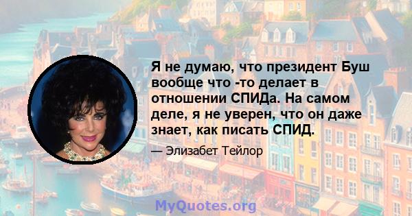 Я не думаю, что президент Буш вообще что -то делает в отношении СПИДа. На самом деле, я не уверен, что он даже знает, как писать СПИД.