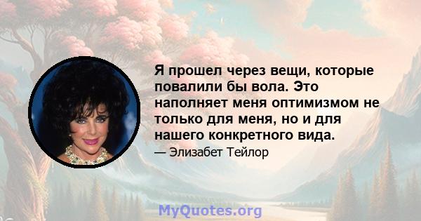 Я прошел через вещи, которые повалили бы вола. Это наполняет меня оптимизмом не только для меня, но и для нашего конкретного вида.