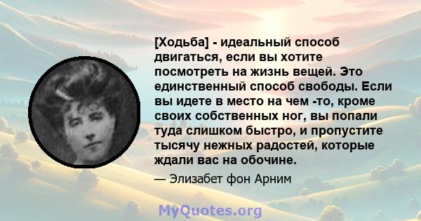 [Ходьба] - идеальный способ двигаться, если вы хотите посмотреть на жизнь вещей. Это единственный способ свободы. Если вы идете в место на чем -то, кроме своих собственных ног, вы попали туда слишком быстро, и