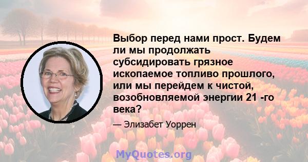 Выбор перед нами прост. Будем ли мы продолжать субсидировать грязное ископаемое топливо прошлого, или мы перейдем к чистой, возобновляемой энергии 21 -го века?