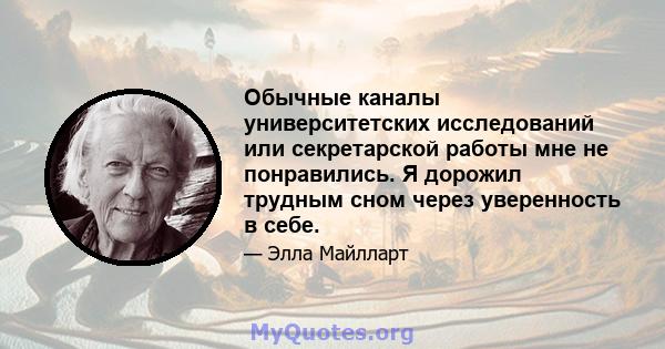 Обычные каналы университетских исследований или секретарской работы мне не понравились. Я дорожил трудным сном через уверенность в себе.