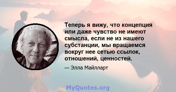 Теперь я вижу, что концепция или даже чувство не имеют смысла, если не из нашего субстанции, мы вращаемся вокруг нее сетью ссылок, отношений, ценностей.