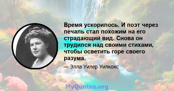 Время ускорилось. И поэт через печаль стал похожим на его страдающий вид. Снова он трудился над своими стихами, чтобы осветить горе своего разума.