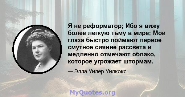 Я не реформатор; Ибо я вижу более легкую тьму в мире; Мои глаза быстро поймают первое смутное сияние рассвета и медленно отмечают облако, которое угрожает штормам.