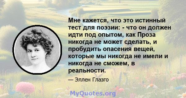 Мне кажется, что это истинный тест для поэзии: - что он должен идти под опытом, как Проза никогда не может сделать, и пробудить опасения вещей, которые мы никогда не имели и никогда не сможем, в реальности.