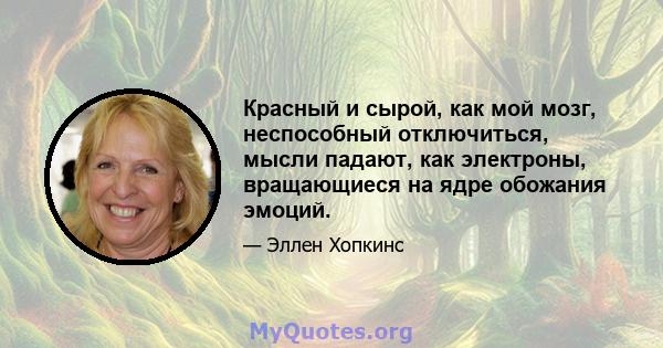 Красный и сырой, как мой мозг, неспособный отключиться, мысли падают, как электроны, вращающиеся на ядре обожания эмоций.