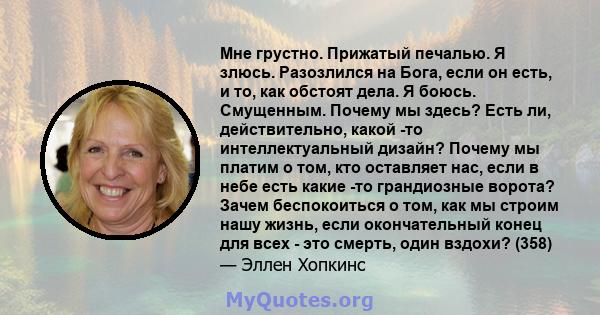 Мне грустно. Прижатый печалью. Я злюсь. Разозлился на Бога, если он есть, и то, как обстоят дела. Я боюсь. Смущенным. Почему мы здесь? Есть ли, действительно, какой -то интеллектуальный дизайн? Почему мы платим о том,