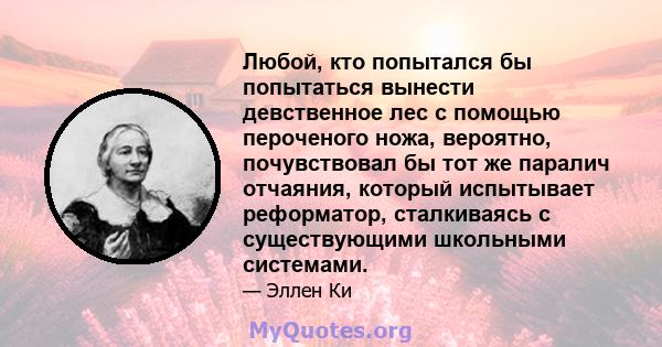 Любой, кто попытался бы попытаться вынести девственное лес с помощью пероченого ножа, вероятно, почувствовал бы тот же паралич отчаяния, который испытывает реформатор, сталкиваясь с существующими школьными системами.