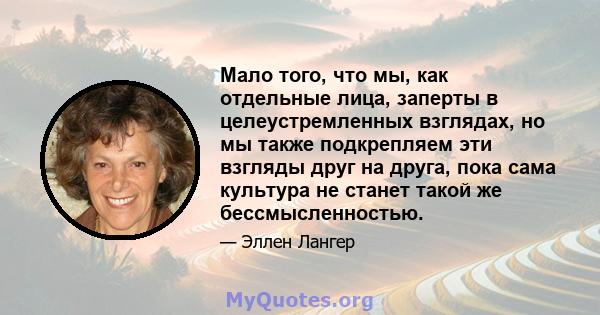 Мало того, что мы, как отдельные лица, заперты в целеустремленных взглядах, но мы также подкрепляем эти взгляды друг на друга, пока сама культура не станет такой же бессмысленностью.