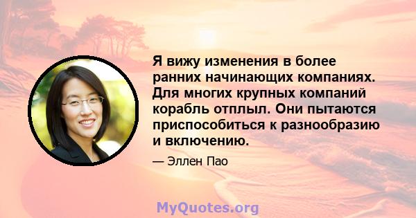 Я вижу изменения в более ранних начинающих компаниях. Для многих крупных компаний корабль отплыл. Они пытаются приспособиться к разнообразию и включению.