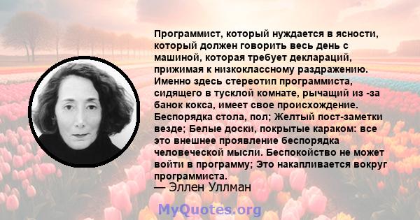 Программист, который нуждается в ясности, который должен говорить весь день с машиной, которая требует деклараций, прижимая к низкоклассному раздражению. Именно здесь стереотип программиста, сидящего в тусклой комнате,