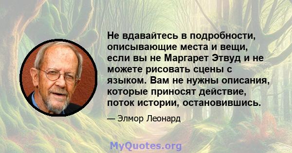 Не вдавайтесь в подробности, описывающие места и вещи, если вы не Маргарет Этвуд и не можете рисовать сцены с языком. Вам не нужны описания, которые приносят действие, поток истории, остановившись.