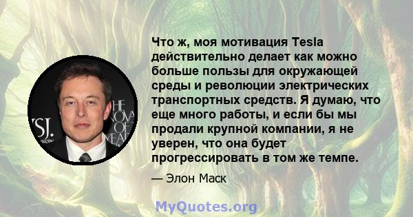 Что ж, моя мотивация Tesla действительно делает как можно больше пользы для окружающей среды и революции электрических транспортных средств. Я думаю, что еще много работы, и если бы мы продали крупной компании, я не