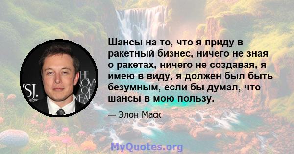 Шансы на то, что я приду в ракетный бизнес, ничего не зная о ракетах, ничего не создавая, я имею в виду, я должен был быть безумным, если бы думал, что шансы в мою пользу.