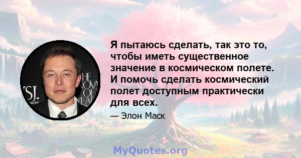 Я пытаюсь сделать, так это то, чтобы иметь существенное значение в космическом полете. И помочь сделать космический полет доступным практически для всех.