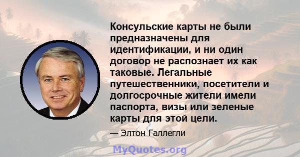 Консульские карты не были предназначены для идентификации, и ни один договор не распознает их как таковые. Легальные путешественники, посетители и долгосрочные жители имели паспорта, визы или зеленые карты для этой цели.