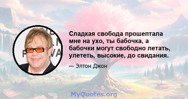 Сладкая свобода прошептала мне на ухо, ты бабочка, а бабочки могут свободно летать, улететь, высокие, до свидания.