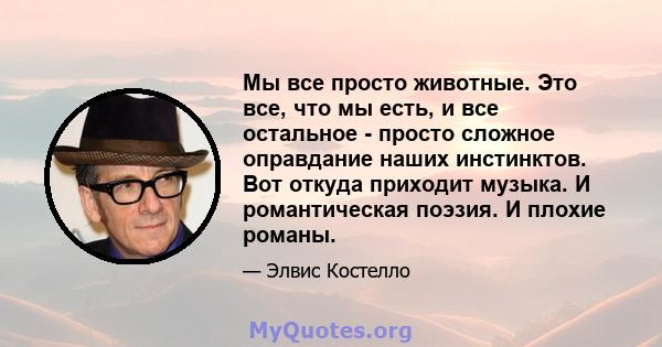 Мы все просто животные. Это все, что мы есть, и все остальное - просто сложное оправдание наших инстинктов. Вот откуда приходит музыка. И романтическая поэзия. И плохие романы.