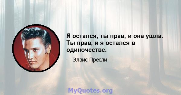 Я остался, ты прав, и она ушла. Ты прав, и я остался в одиночестве.