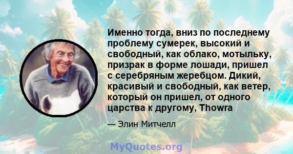 Именно тогда, вниз по последнему проблему сумерек, высокий и свободный, как облако, мотыльку, призрак в форме лошади, пришел с серебряным жеребцом. Дикий, красивый и свободный, как ветер, который он пришел, от одного