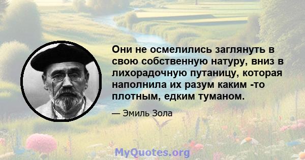 Они не осмелились заглянуть в свою собственную натуру, вниз в лихорадочную путаницу, которая наполнила их разум каким -то плотным, едким туманом.