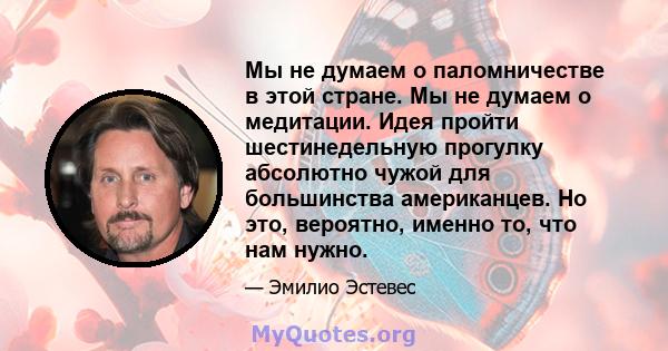 Мы не думаем о паломничестве в этой стране. Мы не думаем о медитации. Идея пройти шестинедельную прогулку абсолютно чужой для большинства американцев. Но это, вероятно, именно то, что нам нужно.