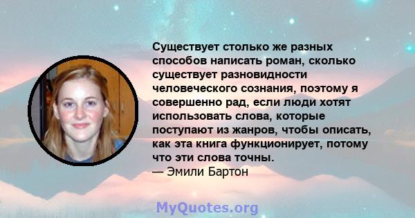 Существует столько же разных способов написать роман, сколько существует разновидности человеческого сознания, поэтому я совершенно рад, если люди хотят использовать слова, которые поступают из жанров, чтобы описать,