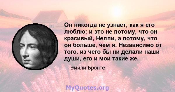 Он никогда не узнает, как я его люблю: и это не потому, что он красивый, Нелли, а потому, что он больше, чем я. Независимо от того, из чего бы ни делали наши души, его и мои такие же.