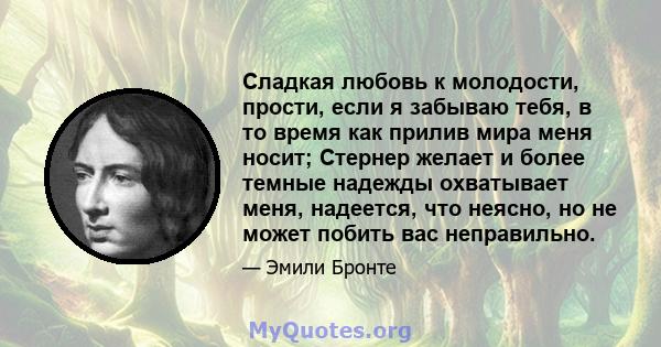 Сладкая любовь к молодости, прости, если я забываю тебя, в то время как прилив мира меня носит; Стернер желает и более темные надежды охватывает меня, надеется, что неясно, но не может побить вас неправильно.